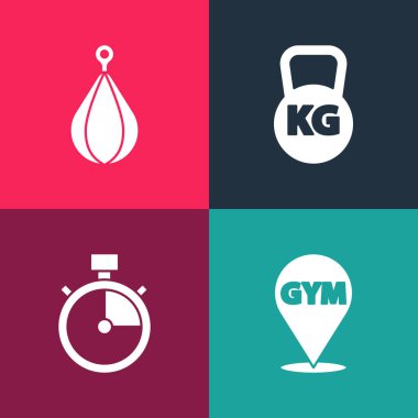 Pop Art Lokasyon Spor Salonu, Stopwatch, Kettlebell ve Kum Torbası ikonunu ayarla. Vektör.