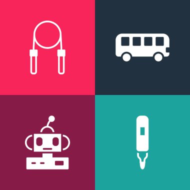 Kalemi, oyuncağı, otobüsü ve ip atlama ikonunu ayarla. Vektör.