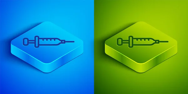 Isometric Line Syringe Icon Isolated Blue Green Background Syringe Vaccine — Stock Vector