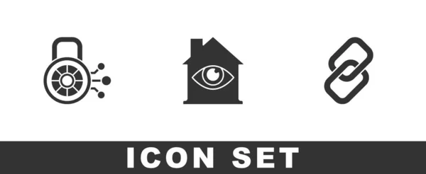 Stel Cyber Security Huis Met Oogscan Chain Link Pictogram Vector — Stockvector