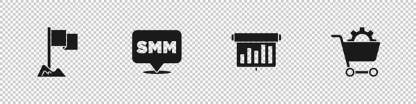 Positionsmarker Setzen Social Media Marketing Board Mit Diagramm Und Warenkorb — Stockvektor