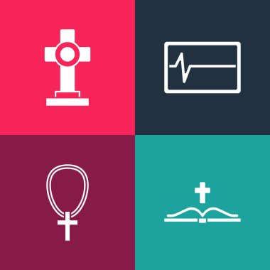 Pop Art 'ı, İncil' i, Hıristiyan haçını zincirle, ölü monitörü yen ve ikonlu Grave 'i hazırla. Vektör