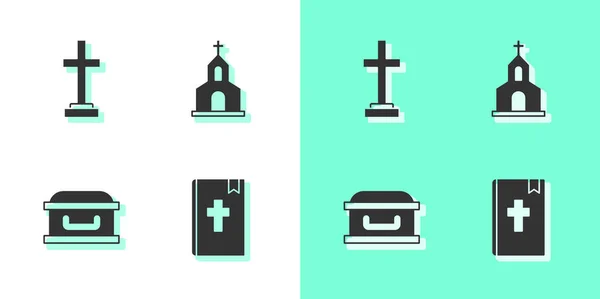 Conjunto Libro Sagrada Biblia Tumba Con Cruz Coffin Iglesia Icono — Vector de stock