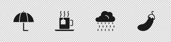 Set Deštník Šálek Čaje Čajovým Sáčkem Cloud Rain Ikona Lilku — Stockový vektor