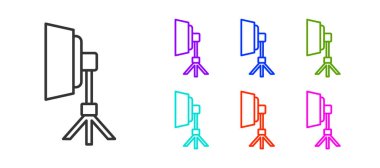 Softbox simgesindeki siyah çizgi Stüdyo ampulü beyaz arkaplanda izole edildi. Gölge yansıma tasarımı. Simgeleri renklendirin. Vektör