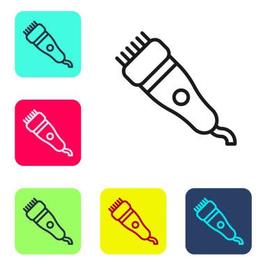 Beyaz arka planda siyah çizgi elektrikli saç kırpıcısı ya da traş ikonu var. Berber dükkanı sembolü. Renkli kare düğmelerle simgeleri ayarla. Vektör