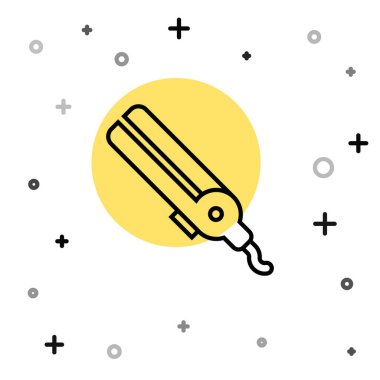 Saç ikonu için siyah çizgi saç maşası beyaz arkaplanda izole edilmiş. Saç düzleştirici ikonu. Rastgele dinamik şekiller. Vektör