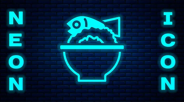 Светящаяся неоновая подаваемая рыба на иконке аквариума, изолированной на фоне кирпичной стены. Вектор — стоковый вектор