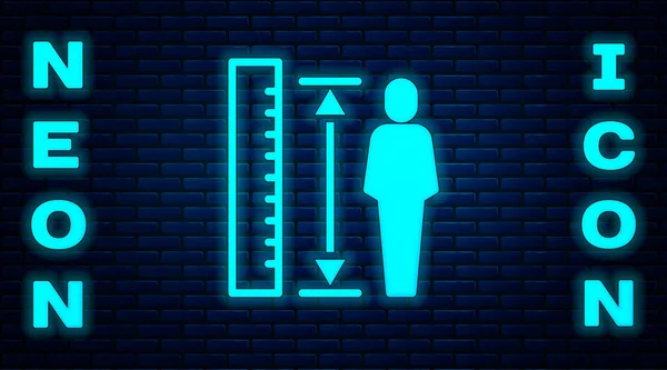 Glowing neon Measuring height body icon isolated on brick wall background. Vector — Stock Vector