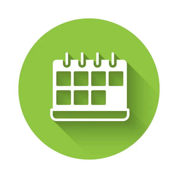 Icono de calendario blanco aislado con sombra larga. Evento símbolo recordatorio. Botón círculo verde. Vector — Vector de stock