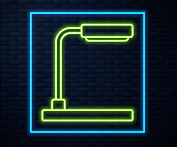 Glowing neon line Table lamp icon isolated on brick wall background. Vector — Stock Vector