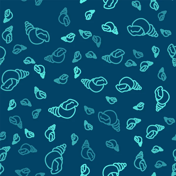 Ligne verte Icône coquille de mer pétoncle motif isolé sans couture sur fond bleu. Panneau coquillage. Vecteur — Image vectorielle