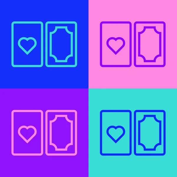 Pop art line Deck van speelkaarten pictogram geïsoleerd op kleur achtergrond. Casino gokken. Vector — Stockvector