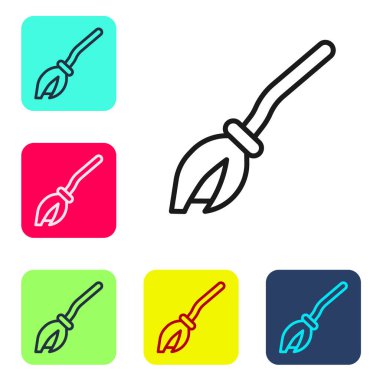 Siyah çizgi cadıları beyaz arka planda izole edilmiş süpürge ikonu. Mutlu Cadılar Bayramı Partisi. Renkli kare düğmelerle simgeleri ayarla. Vektör