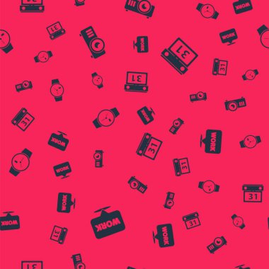 Metin çalışması, Film, medya projektörü, Bilek saati ve Takvimi sorunsuz desen üzerine ayarla. Vektör