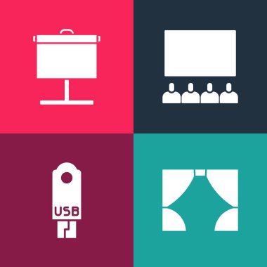 Pop sanat perdesini, USB flash diski, sinema salonunu ekran ve projeksiyon ikonuyla ayarla. Vektör