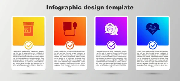 Medicijn fles en pillen, bloeddruk, Grootmoeder en hartslag. Bedrijfsinfographic sjabloon. Vector — Stockvector