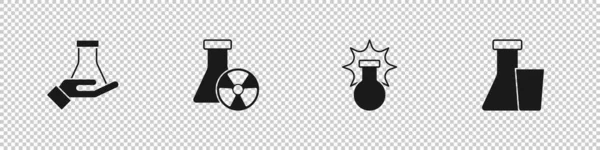 Set Tubo de ensayo y matraz, radiación, explosión química e icono. Vector — Vector de stock