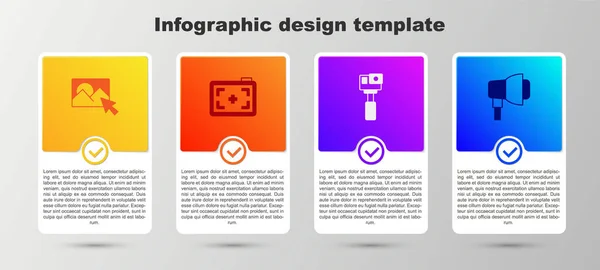 Impostare Foto ritocco, fotocamera, Azione e Softbox luce. Modello di infografica aziendale. Vettore — Vettoriale Stock