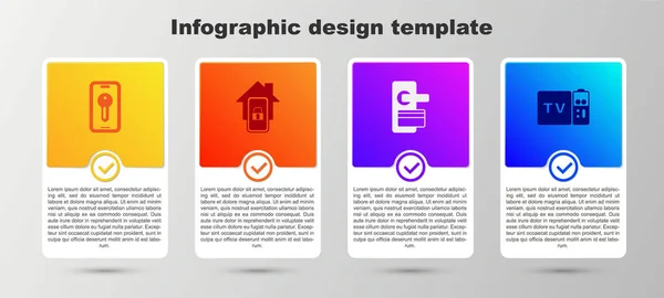 Conjunto de llave inteligente, móvil con hogar inteligente, cerradura de puerta digital y multimedia y receptor de caja de TV. Plantilla de infografía empresarial. Vector — Archivo Imágenes Vectoriales