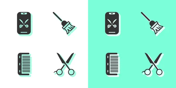 Set Schere Friseur, Barber Online-Service-Plattform, Haarbürste und Wischmop-Symbol. Vektor — Stockvektor