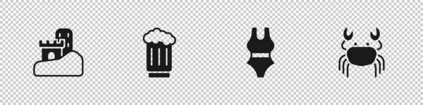 Set Castillo de arena, taza de cerveza de madera, traje de baño y el icono del cangrejo. Vector — Archivo Imágenes Vectoriales