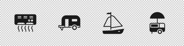 Conjunto de ar condicionado, reboque Rv Camping, veleiro iate e ícone de carrinho de comida de rua rápida. Vetor —  Vetores de Stock