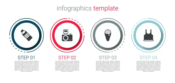 Set Botella de agua, Cámara fotográfica con flash, Helado en cono de gofre y camiseta sin mangas. Plantilla de infografía empresarial. Vector — Vector de stock