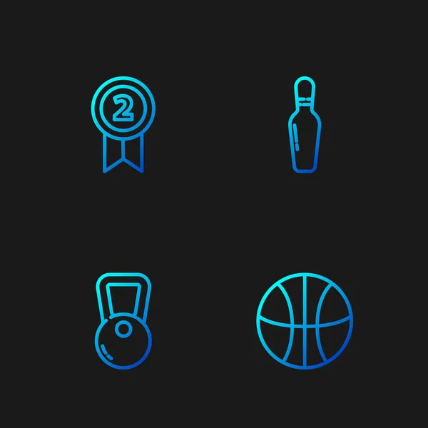 Set line Basketballball, Kettlebell, Medaille und Bowlingnadel. Farbverlauf-Symbole. Vektor — Stockvektor