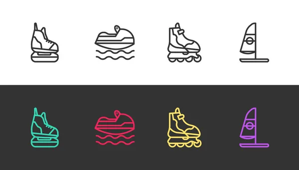 设置直线溜冰鞋，喷气式滑雪板，滚轮滑板和在黑色和白色的风帆冲浪。B.病媒 — 图库矢量图片