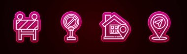 Hat bariyeri, dur işareti, evli konum ve... Parlayan neon ikonu. Vektör