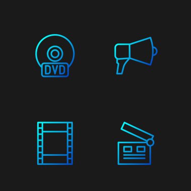Satır Film alkışlayıcısını, Video Oynat, CD veya DVD diskini ve Megaphone 'u ayarla. Renk simgeleri. Vektör