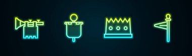 Trompet hattını bayrak, ortaçağ, kral tacı ve... Parlayan neon ikonu. Vektör