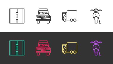 Line Road, Car, kargo kamyonu ve Scooter 'ı siyah-beyaza ayarlayın. Vektör