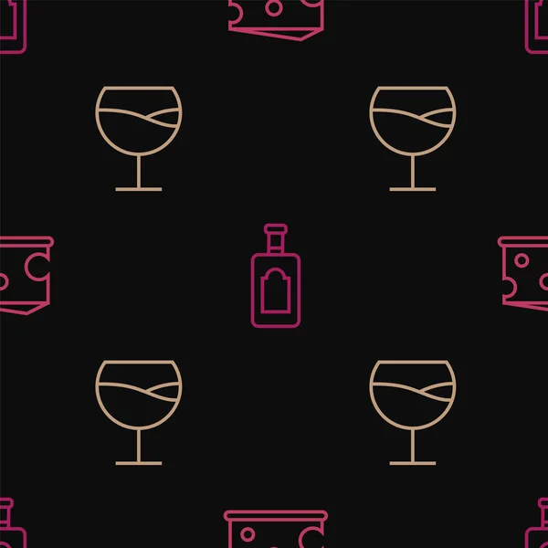 Establecer línea Queso, Copa de vino y botella de whisky en el patrón sin costuras. Vector — Vector de stock