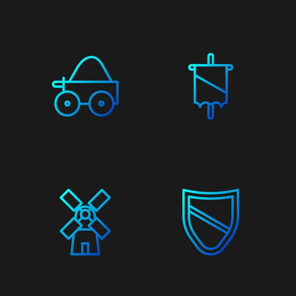 Pajzs, Szélmalom, Fa négykerekű kocsi és Középkori zászló. Gradient színes ikonok. Vektor — Stock Vector
