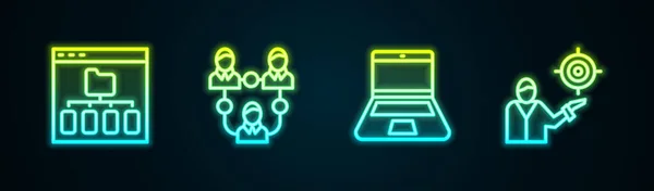 Stel lijn Browser bestanden, Project team base, Laptop en Marketing doel strategie. Een gloeiend neon icoon. Vector — Stockvector