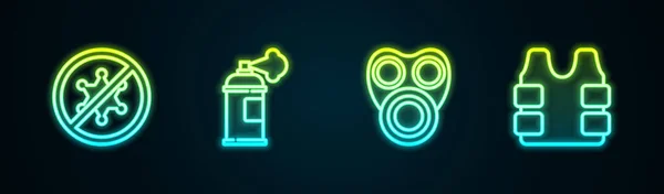 Set line Protest, Paint spray can, Gas mask and Bulletproof vest. Glowing neon icon. Vector — Stock Vector