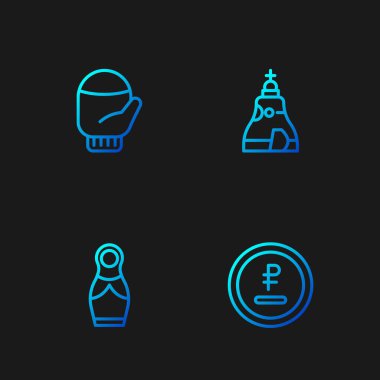 Sıra Ruble, Ruble para, Rus bebek matruşka, Noel eldiveni ve Çar çanı. Renk simgeleri. Vektör