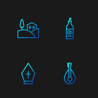 Set hattı Mandolin, Papa şapkası, köy manzarası ve bir şişe zeytinyağı. Renk simgeleri. Vektör