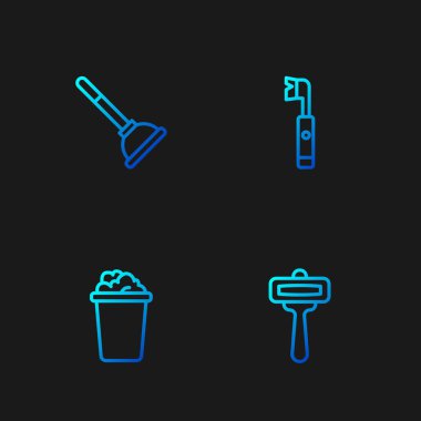 Tıraş bıçağı, sabun köpüklü kova, lastik pompa ve elektrikli diş fırçası. Renk simgeleri. Vektör