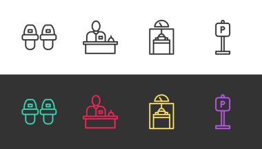 Çizgili otel terlikleri, resepsiyon masası, asansör ve park yeri siyah beyaz. Vektör