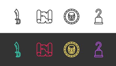 Korsan kılıcı, hazine haritası, para ve kancayı siyah beyaza tak. Vektör