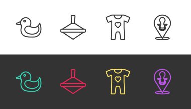 Çizgi ördek, fırıldak oyuncağı, bebek kıyafetleri ve siyah beyaz üzerine sahte emzik. Vektör