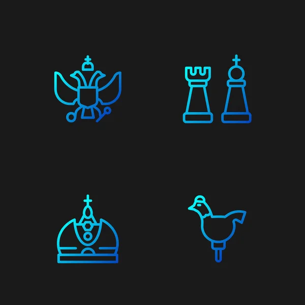 Set line Cockerel lízátko, King koruna, Národní znak Ruska a šachy. Barevné ikony přechodu. Vektor — Stockový vektor