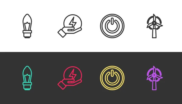 Σετ λαμπτήρα γραμμής, αστραπή, Power button και ανεμογεννήτρια σε μαύρο και άσπρο. Διάνυσμα — Διανυσματικό Αρχείο