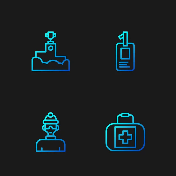 1 차 구 급 키트, 윈터 선수, 수상자 연단 및 신원 확인 배지를 배치하 세요. 화려 한 색상 아이콘입니다. Vector — 스톡 벡터