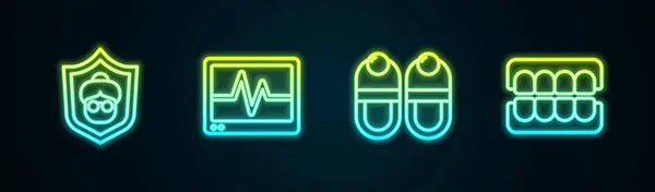 Définir la ligne Grand-mère, Moniteur avec cardiogramme, Pantoufles et Fausse mâchoire. Icône lumineuse au néon. Vecteur — Image vectorielle