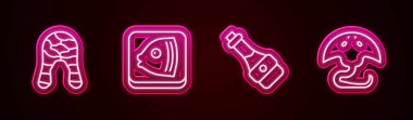Balık bifteği, kafa, soya sosu şişesi ve Stingray. Parlayan neon ikonu. Vektör