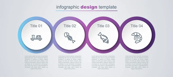 Establecer línea de sushi en la tabla de cortar, esqueleto de pescado, y camarones. Plantilla de infografía empresarial. Vector — Archivo Imágenes Vectoriales